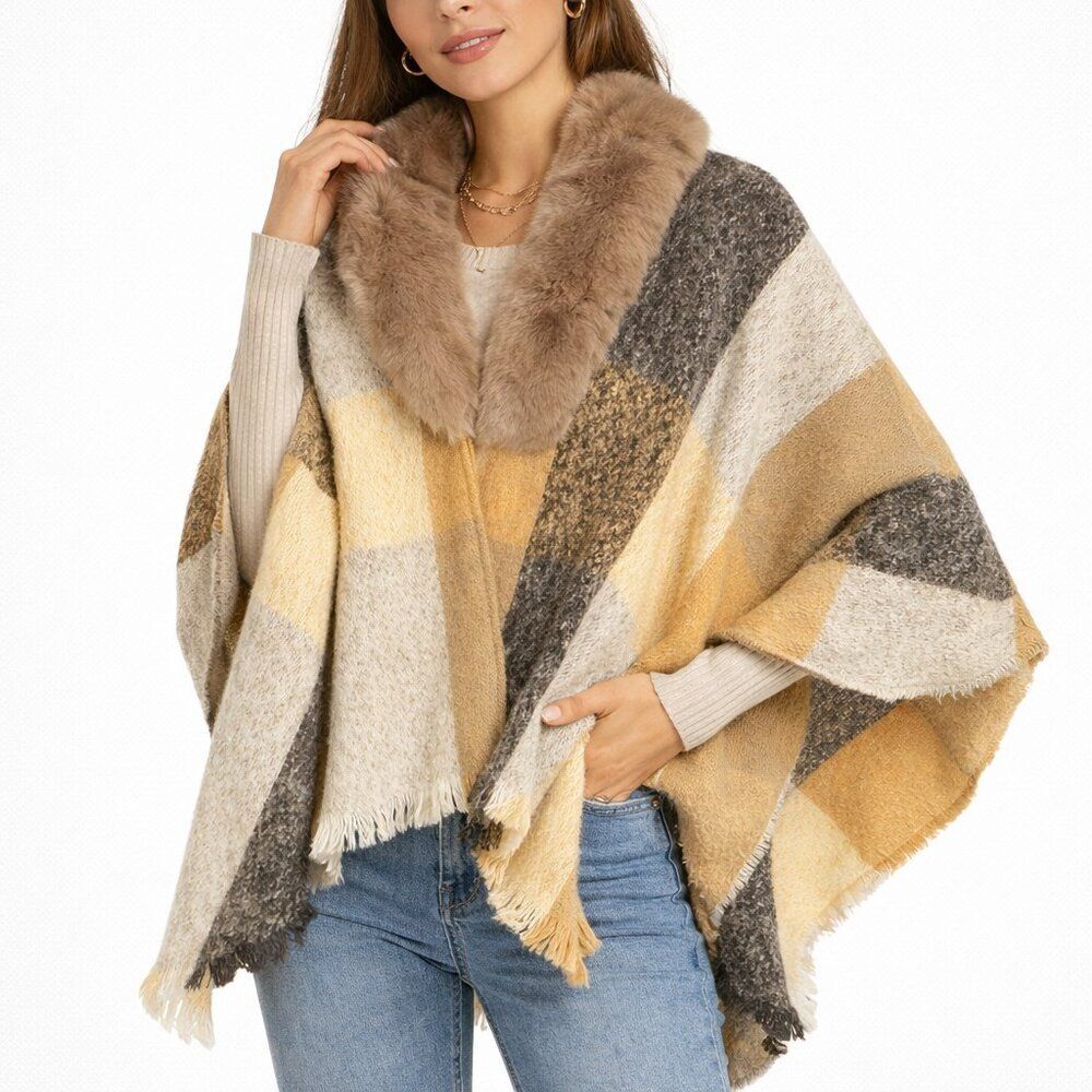 Marcus Adler Faux Fur Collar Plaid Wrap Poncho Shawl One Size Mob Wife Old Money